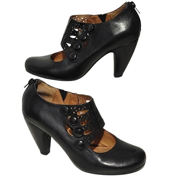 Miz Mooz Sharon High Heeled Shoes Black Leather Snap Button Womens US 8.5 - Picture 1 of 7